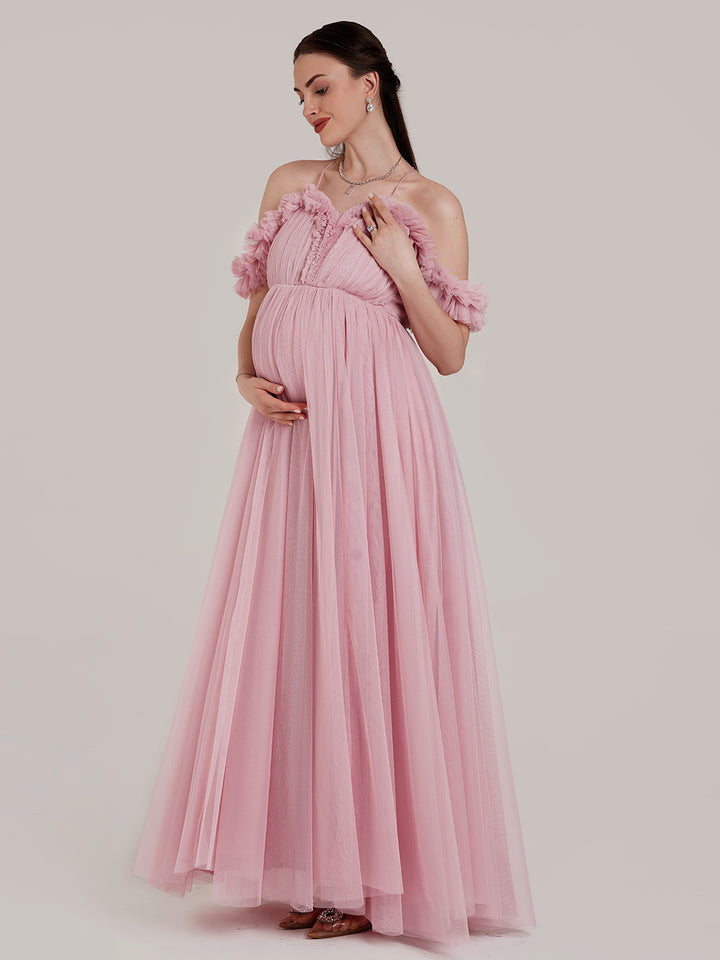 2 in 1 Pink Maternity Photoshoot Gown with Detachable Train