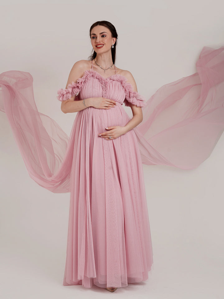 2 in 1 Pink Maternity Photoshoot Gown with Detachable Train