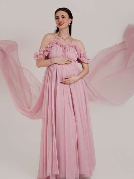 2 in 1 Pink Maternity Photoshoot Gown with Detachable Train