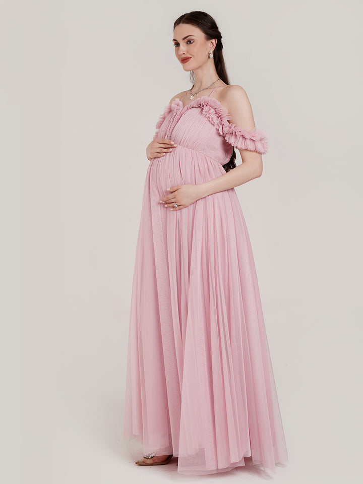 2 in 1 Pink Maternity Photoshoot Gown with Detachable Train