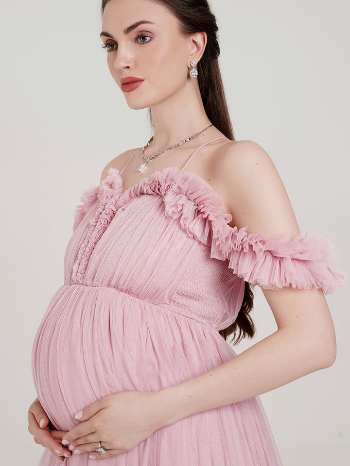 2 in 1 Pink Maternity Photoshoot Gown with Detachable Train