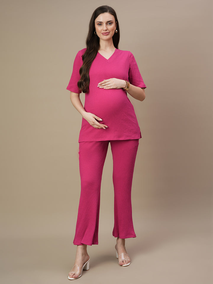 2pc. Maternity Ribbed Fuschia Top + Bootcut Pants Set