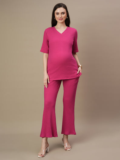 2pc. Maternity Ribbed Fuschia Top + Bootcut Pants Set