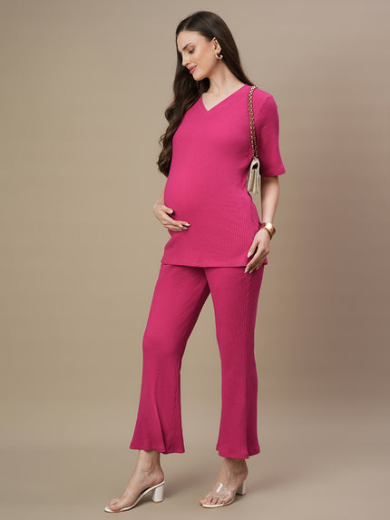 2pc. Maternity Ribbed Fuschia Top + Bootcut Pants Set