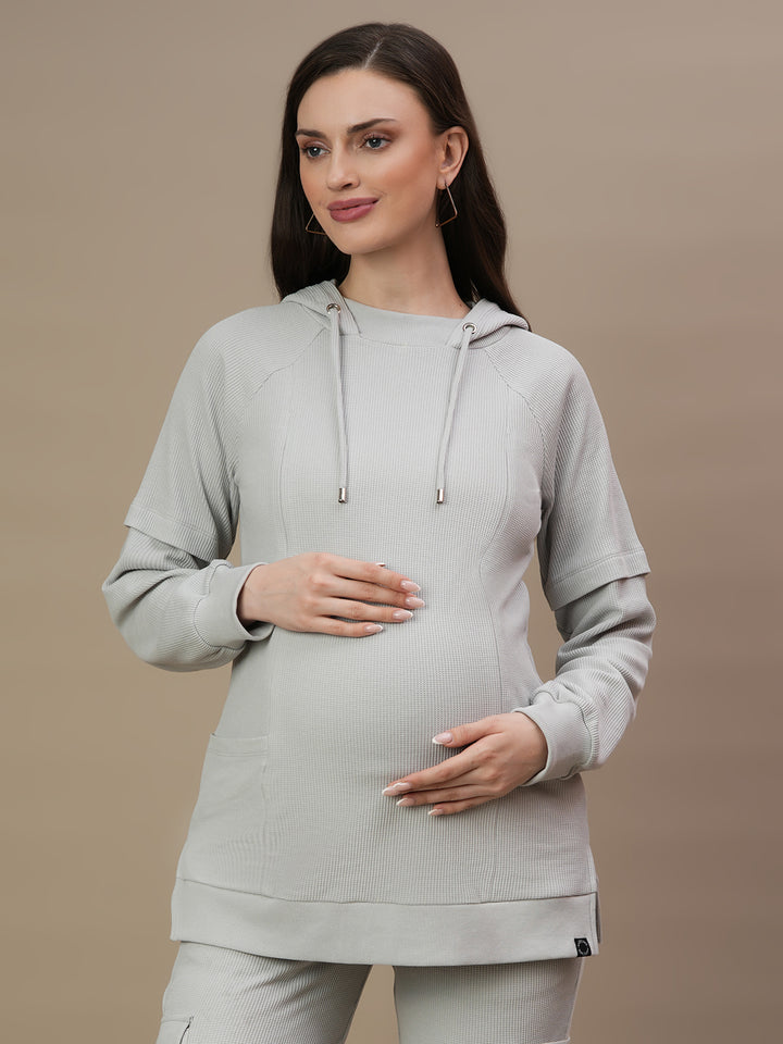 2pc. Maternity Waffle Hoodie Top + Straight Fit Pants Set