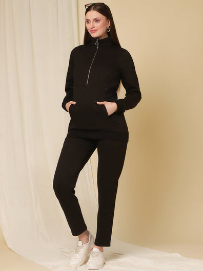 Stylish winter maternity co-ord set in black featuring full-zip sweatshirt and straight-leg maternity pants