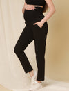 Side view of black maternity fleece pants with bump-hugging over-belly waistband and relaxed fit