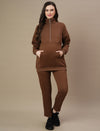 Full-length image of brown winter maternity co-ord set with sweatshirt and over-belly pants
