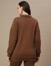Back view of brown fleece maternity sweatshirt with long sleeves and ribbed hem