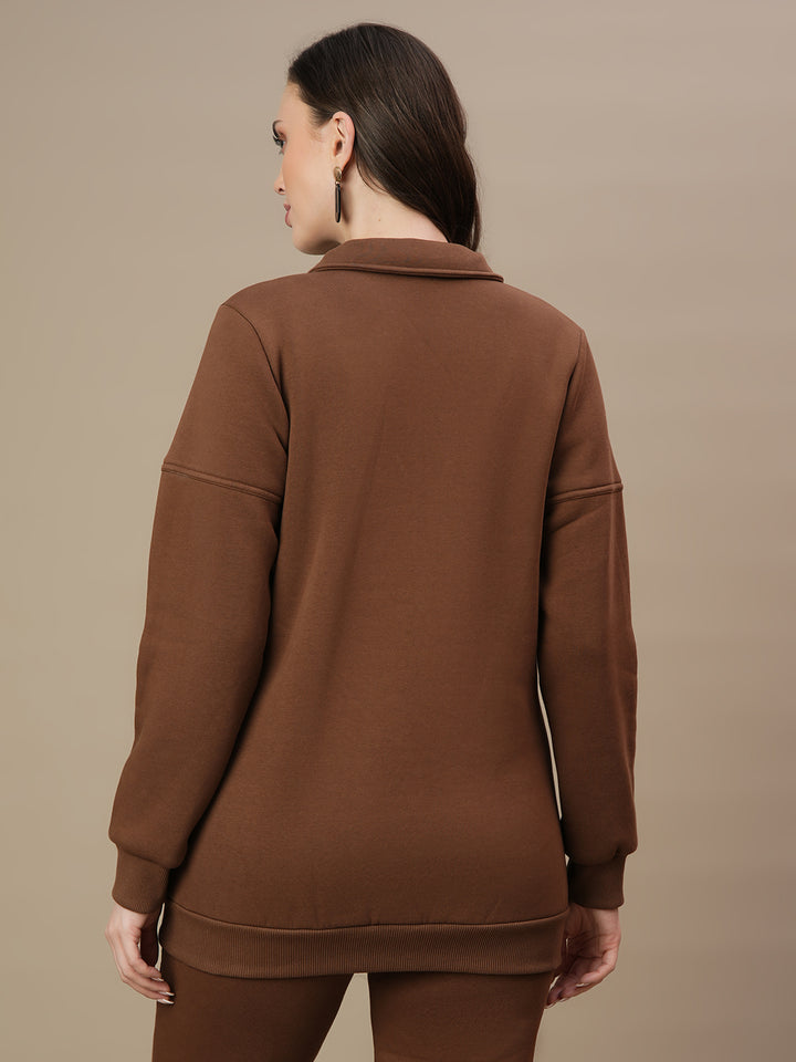 Back view of brown fleece maternity sweatshirt with long sleeves and ribbed hem