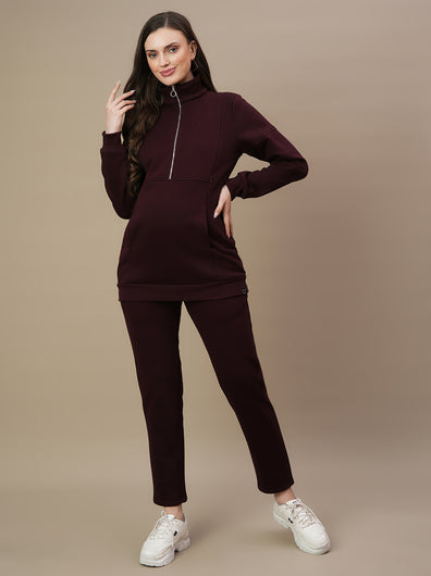 Winter Fleece Maternity Co-ord Set- Wine Berry