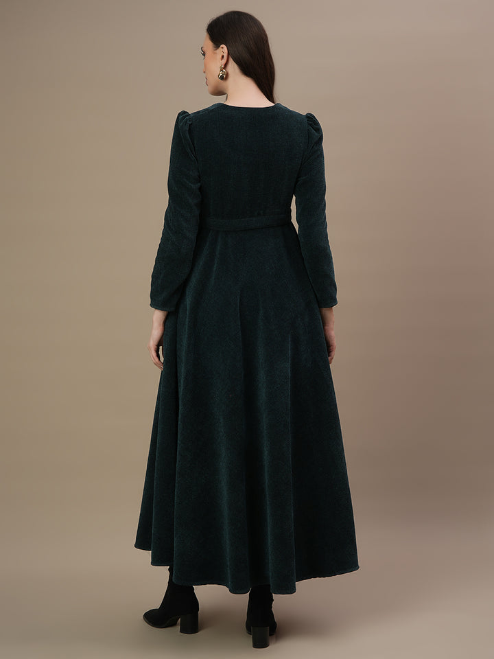 Green Woolen Maternity Gown with Belt