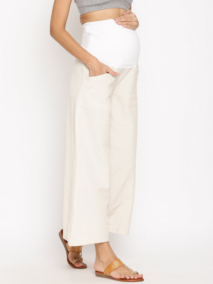 Maternity Cotton Linen Palazzo Pants-Beige