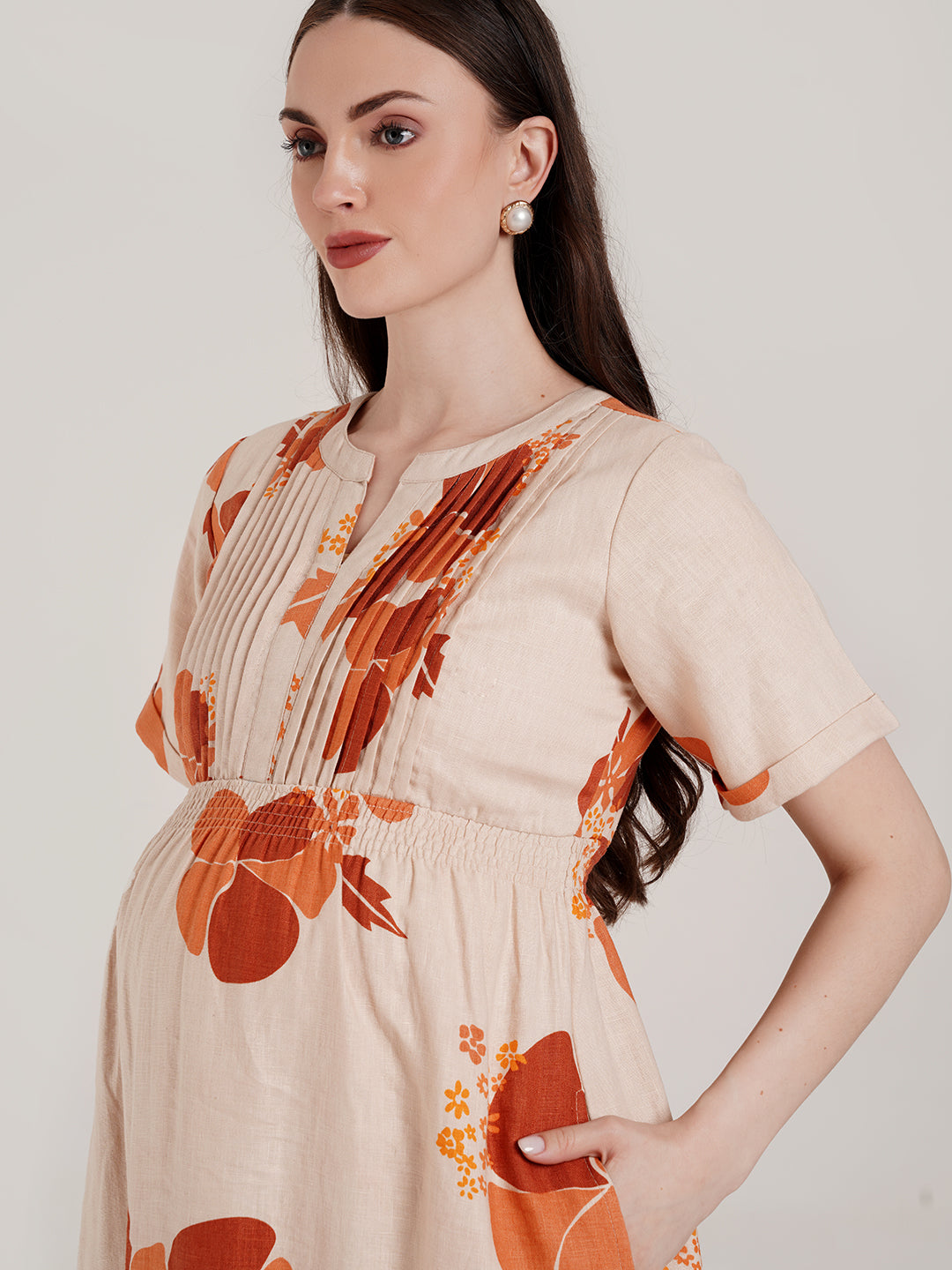 Buy Beige Floral Maternity Long Dress