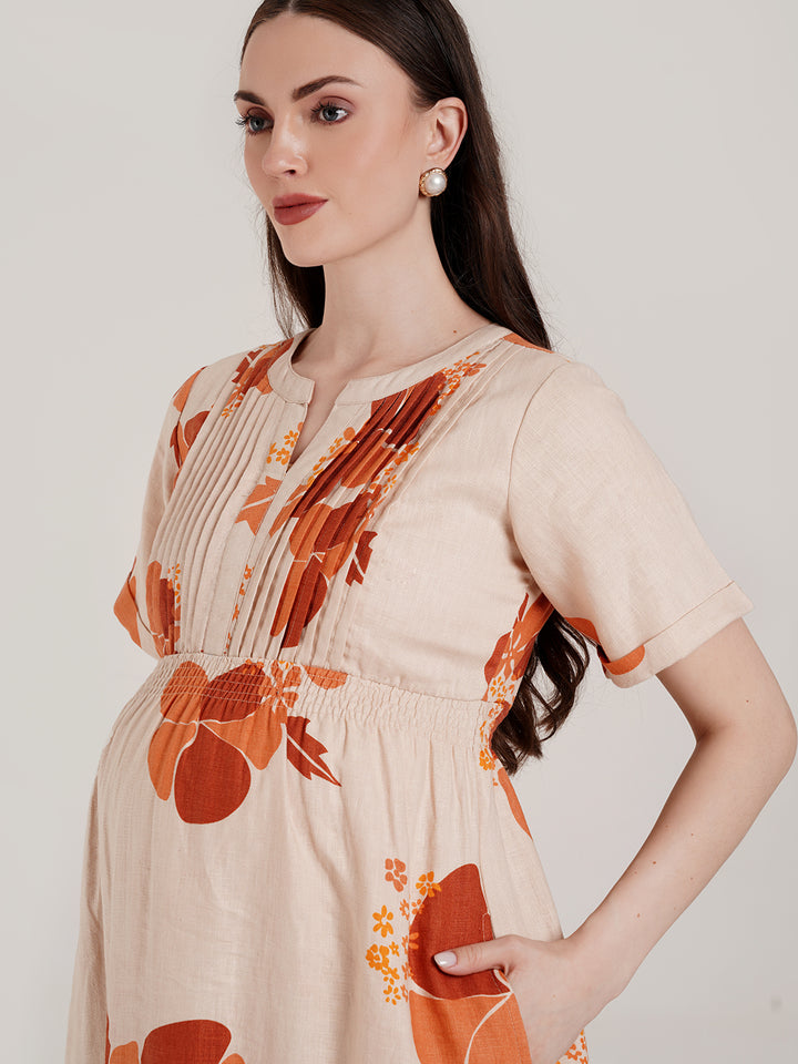 Beige Floral Maternity Long Dress