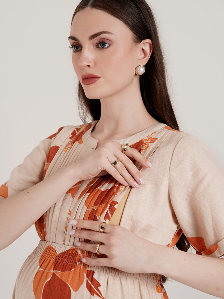 Beige Floral Maternity Long Dress
