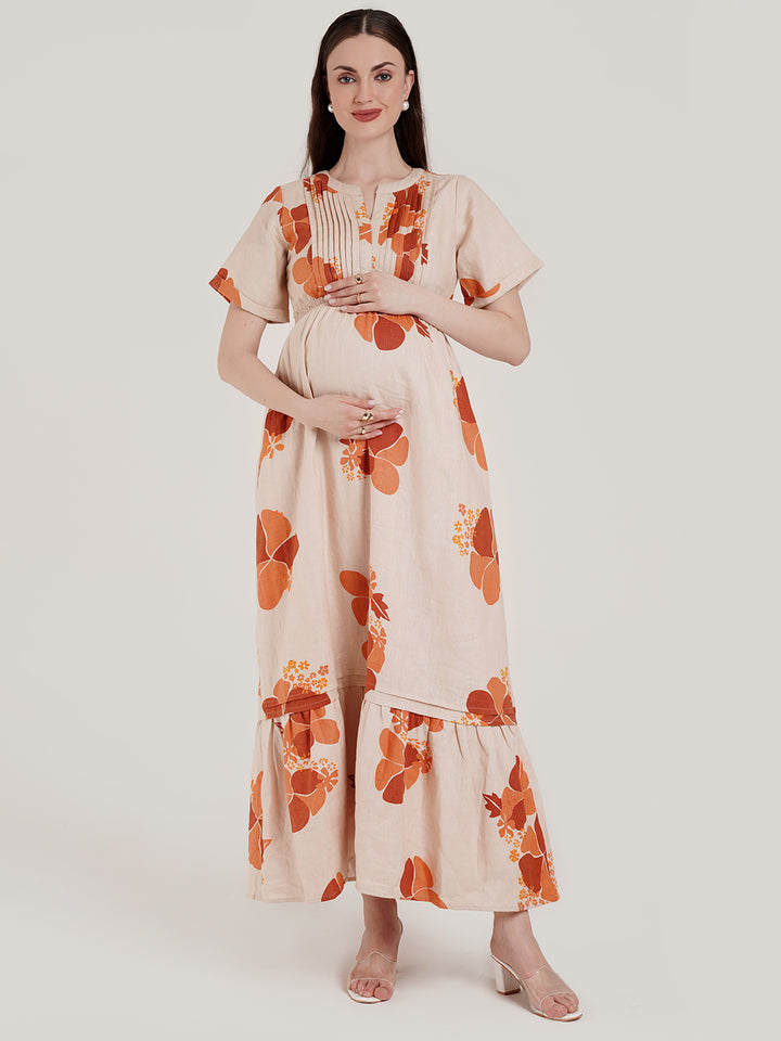 Beige Floral Maternity Long Dress