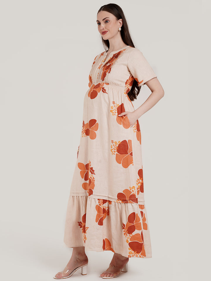 Beige Floral Maternity Long Dress