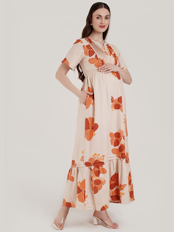 Beige Floral Maternity Long Dress