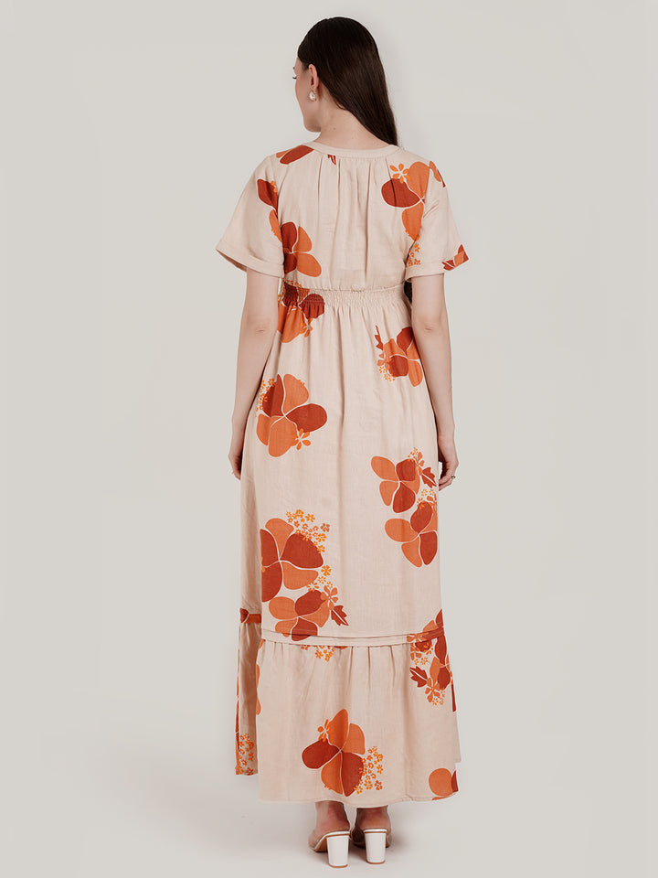 Beige Floral Maternity Long Dress
