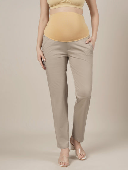 Stretchy Cotton Tapered Fit Maternity Pants-Beige