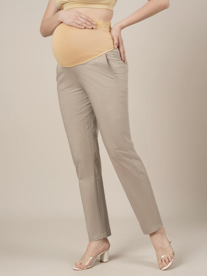 Stretchy Cotton Tapered Fit Maternity Pants-Beige