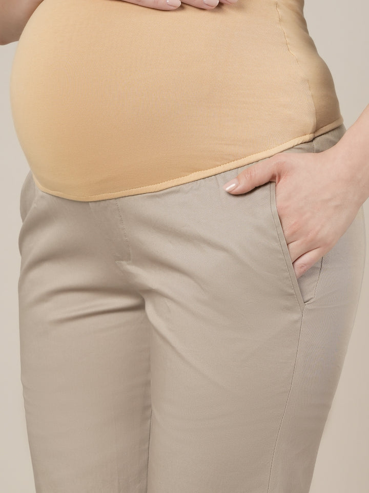 Stretchy Cotton Tapered Fit Maternity Pants-Beige