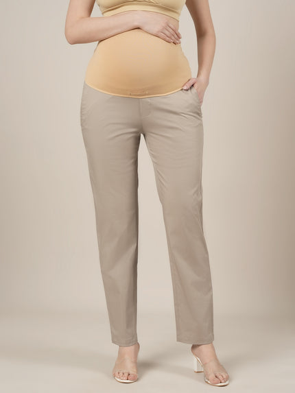 Stretchy Cotton Straight Fit Maternity Pants-Beige