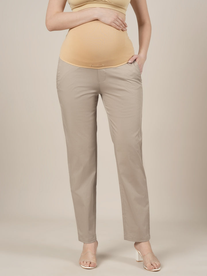 Stretchy Cotton Straight Fit Maternity Pants-Beige