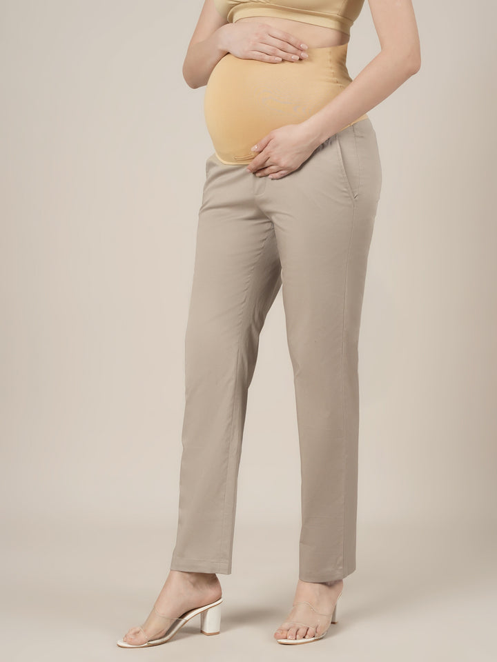 Stretchy Cotton Straight Fit Maternity Pants-Beige