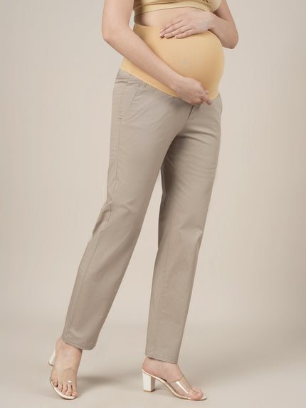Stretchy Cotton Straight Fit Maternity Pants-Beige