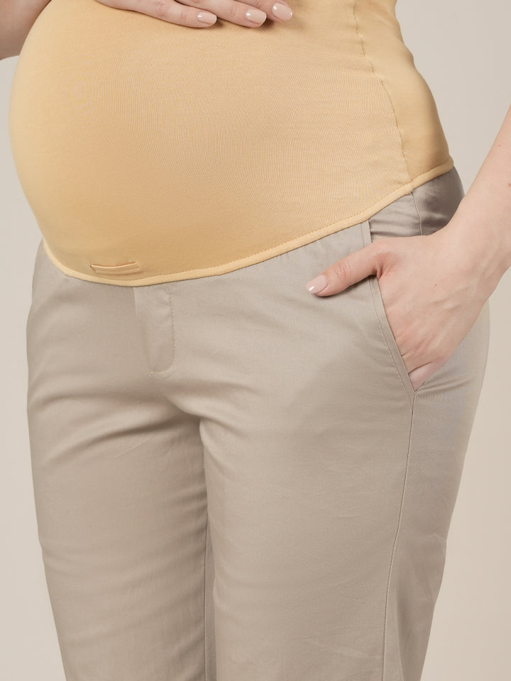 Stretchy Cotton Straight Fit Maternity Pants-Beige