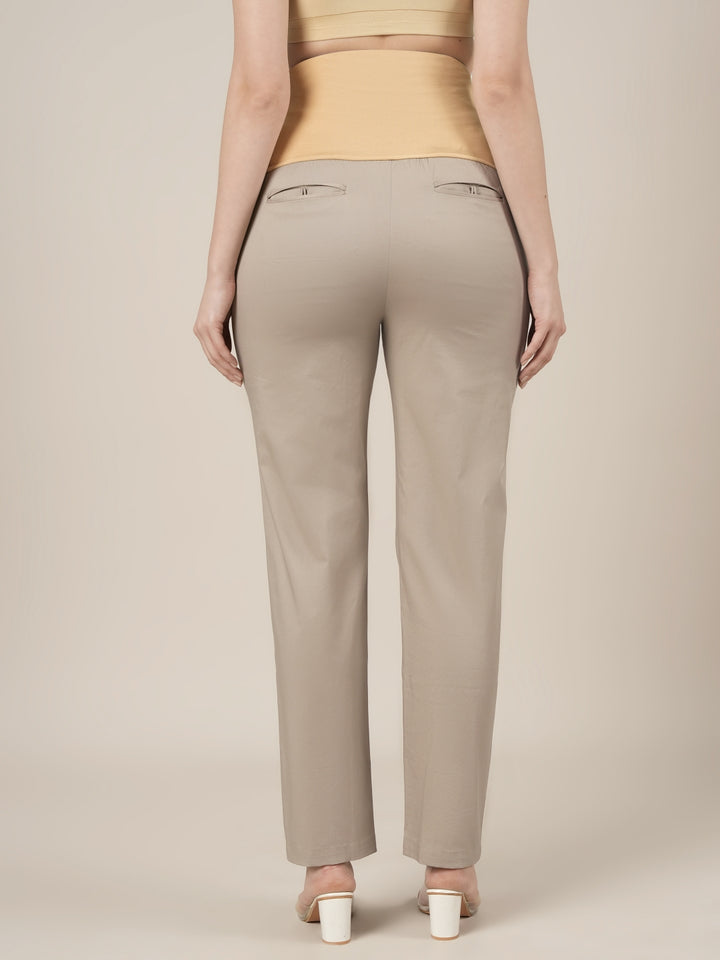 Stretchy Cotton Straight Fit Maternity Pants-Beige