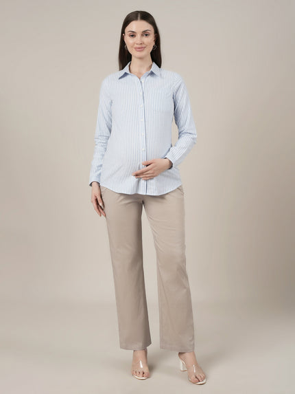 Stretchy Cotton Wide Leg Maternity Pants-Beige