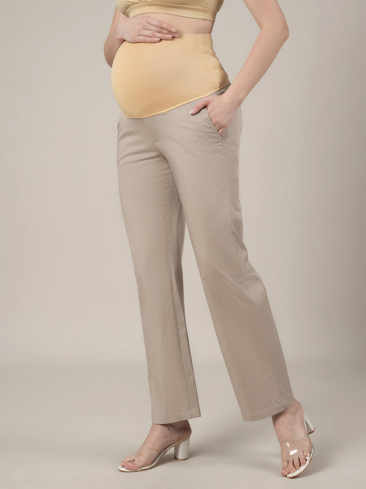 Stretchy Cotton Wide Leg Maternity Pants-Beige