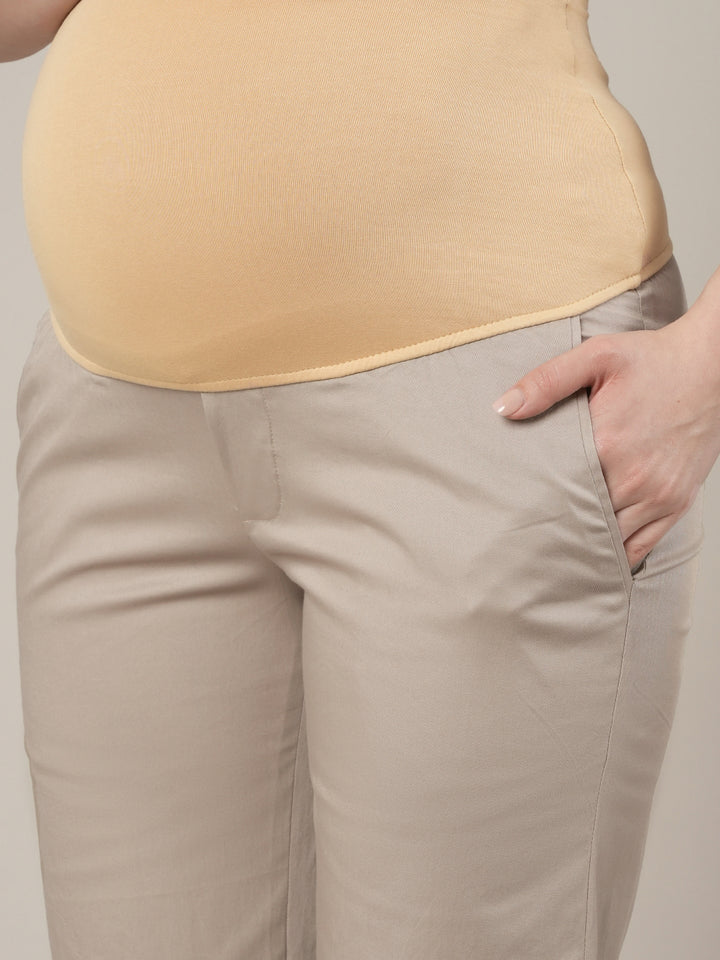 Stretchy Cotton Wide Leg Maternity Pants-Beige
