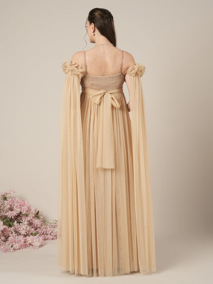 Beige Maternity Baby Shower Photoshoot Gown with Detachable Sleeves