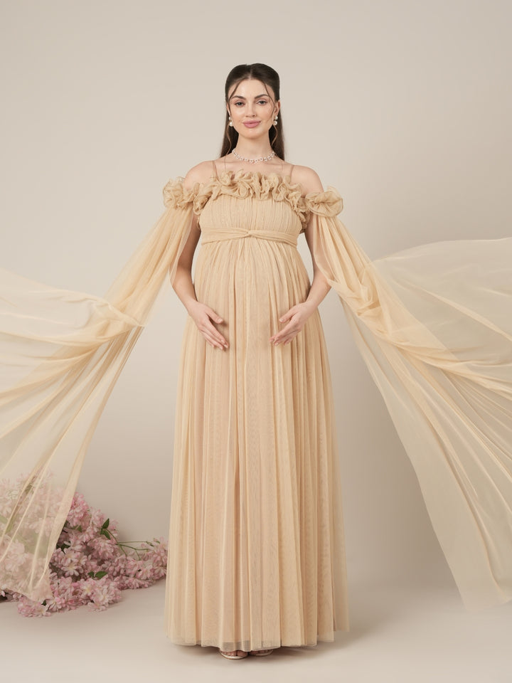 Beige Maternity Baby Shower Photoshoot Gown with Detachable Sleeves