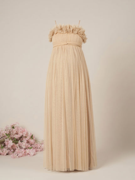 Beige Maternity Baby Shower Photoshoot Gown with Detachable Sleeves