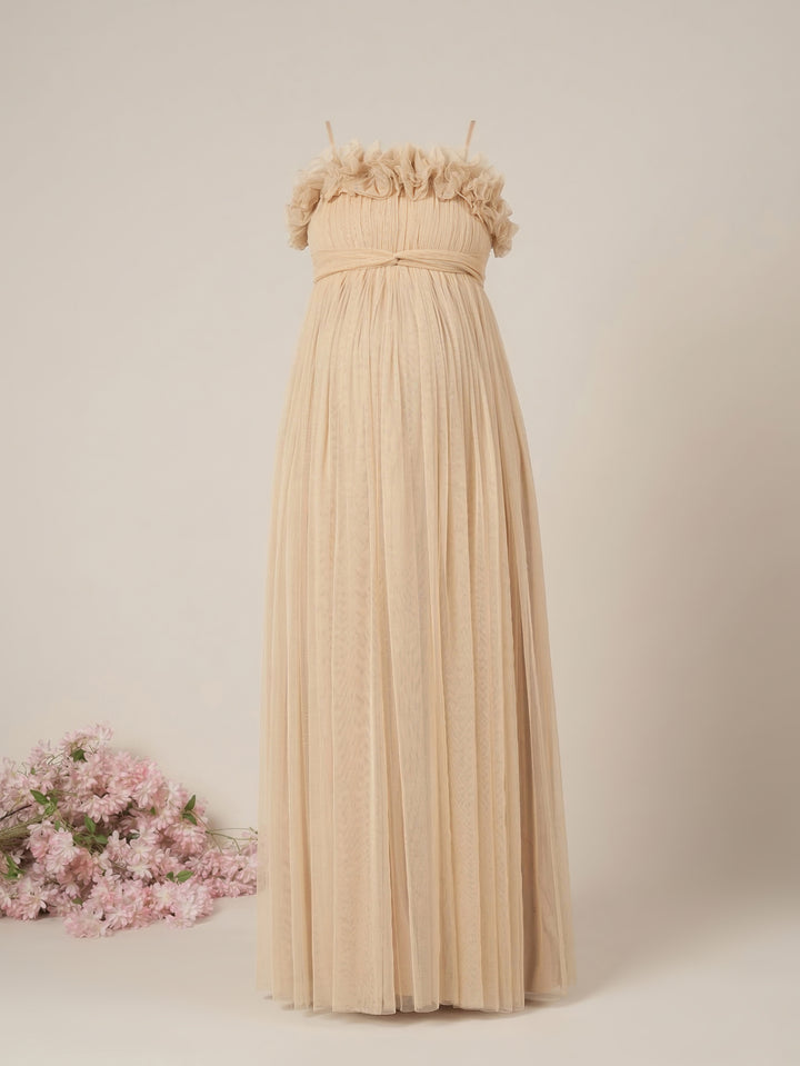 Beige Maternity Baby Shower Photoshoot Gown with Detachable Sleeves