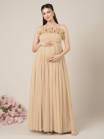 Beige Maternity Baby Shower Photoshoot Gown with Detachable Sleeves