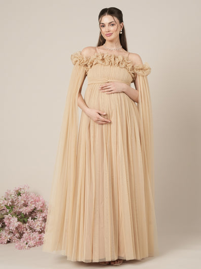 Beige Maternity Baby Shower Photoshoot Gown with Detachable Sleeves