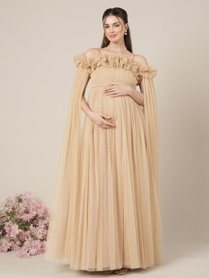 Beige Maternity Baby Shower Photoshoot Gown with Detachable Sleeves