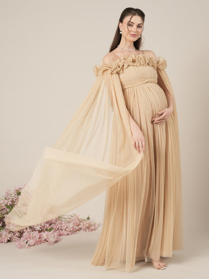 Beige Maternity Baby Shower Photoshoot Gown with Detachable Sleeves