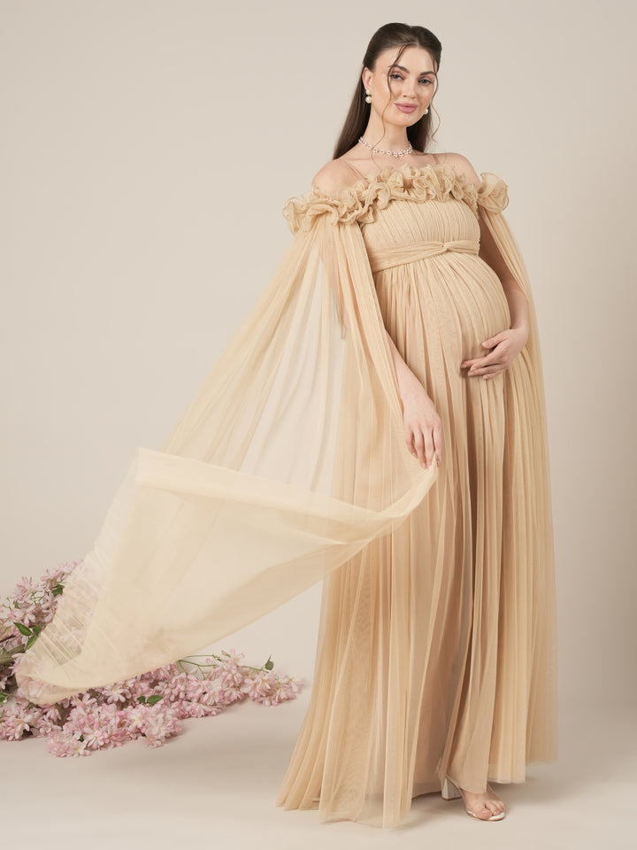 Beige Maternity Baby Shower Photoshoot Gown with Detachable Sleeves
