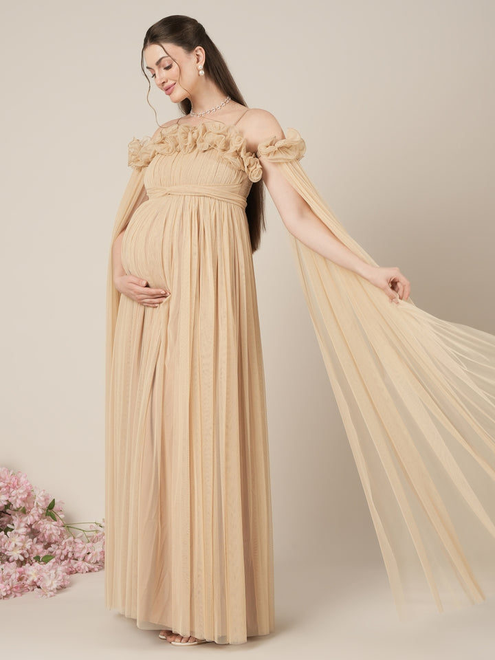 Beige Maternity Baby Shower Photoshoot Gown with Detachable Sleeves