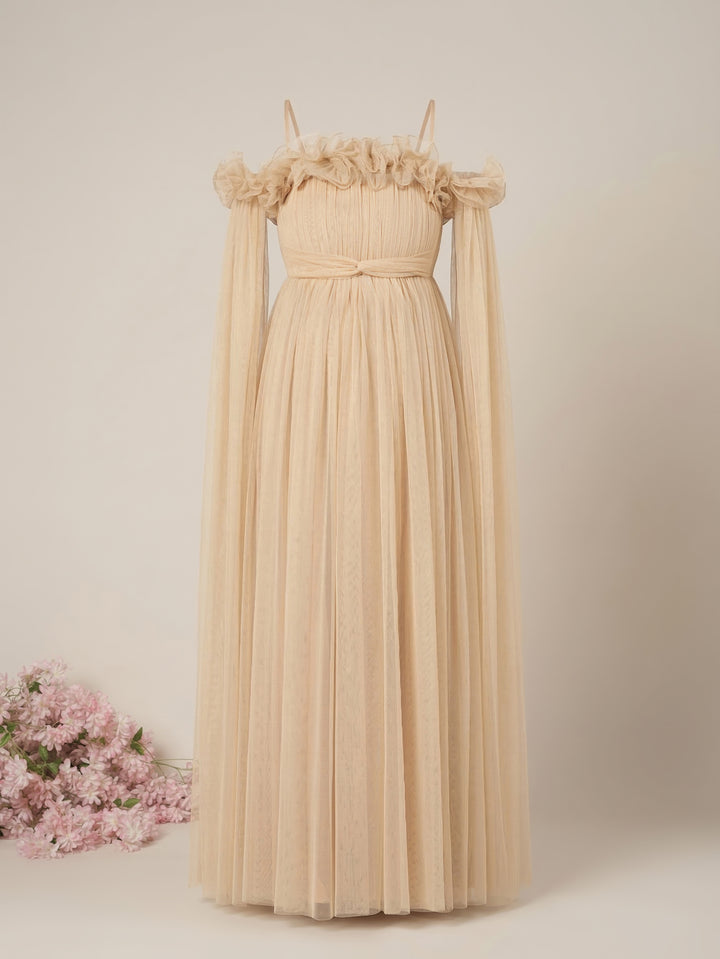 Beige Maternity Baby Shower Photoshoot Gown with Detachable Sleeves
