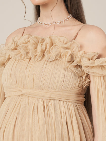 Beige Maternity Baby Shower Photoshoot Gown with Detachable Sleeves