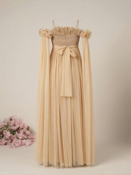 Beige Maternity Baby Shower Photoshoot Gown with Detachable Sleeves
