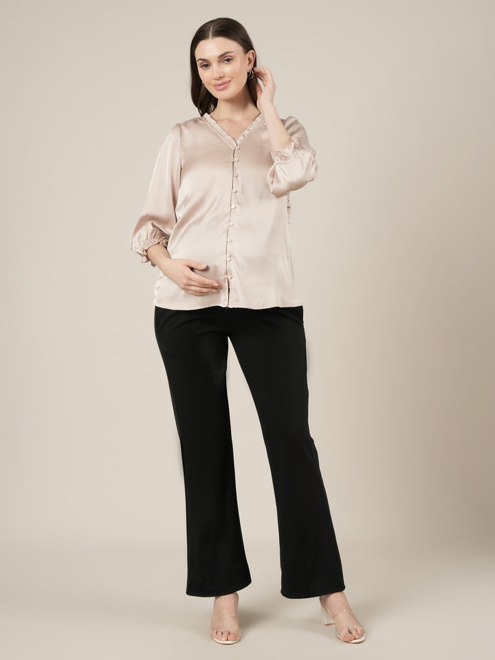 Beige Maternity & Nursing Satin Formal Shirt